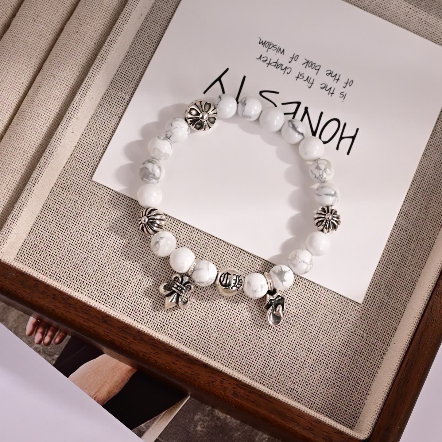 Chrome Hearts White Marble Bead Bracelet with Silver Charms